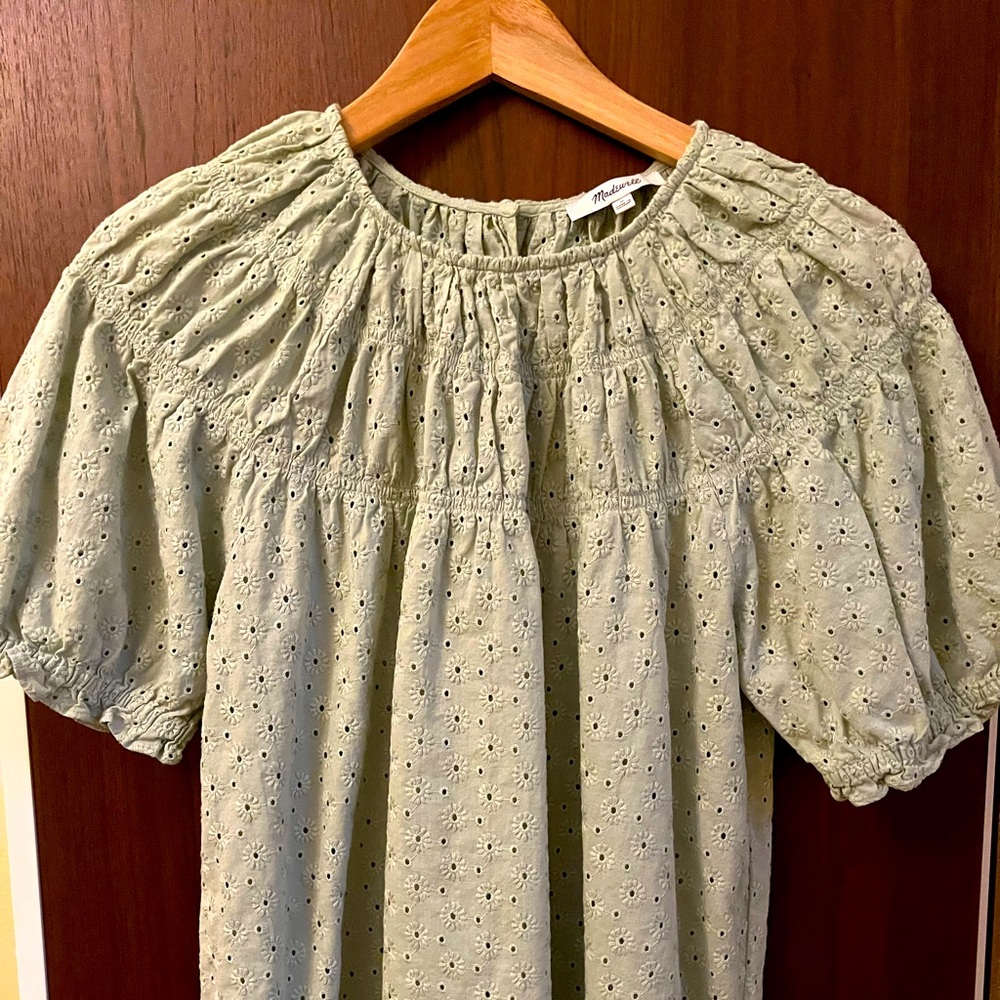 Madewell mint green eyelet puff sleeve top